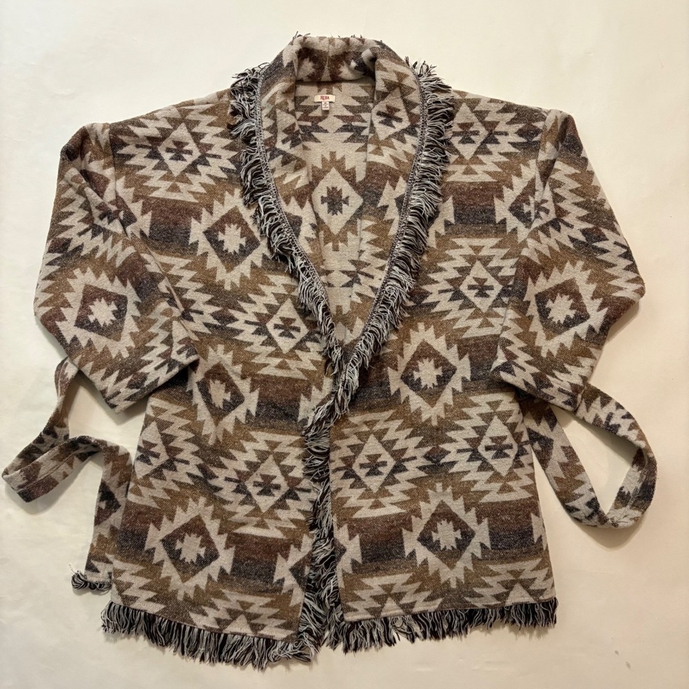 Reba Womens Medium Aztec Southwestern Fringed Belted Cardigan Sweater Brown Tan